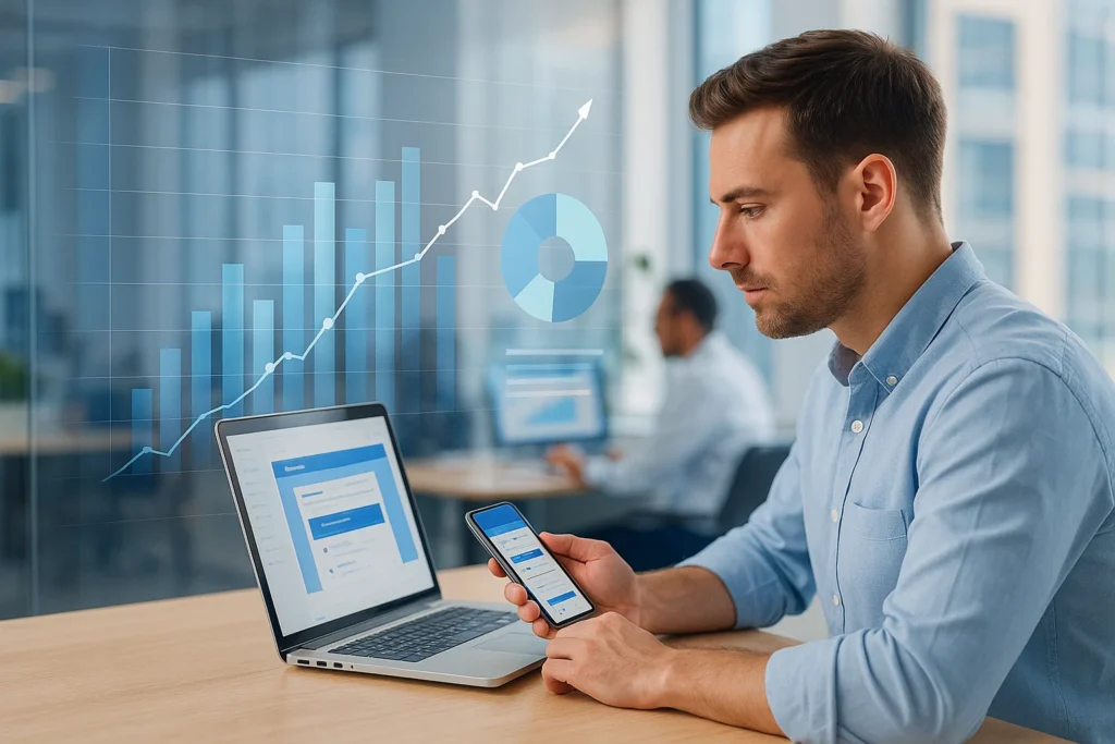 B2B analyst reviewing mobile and desktop analytics insights and performance growth.