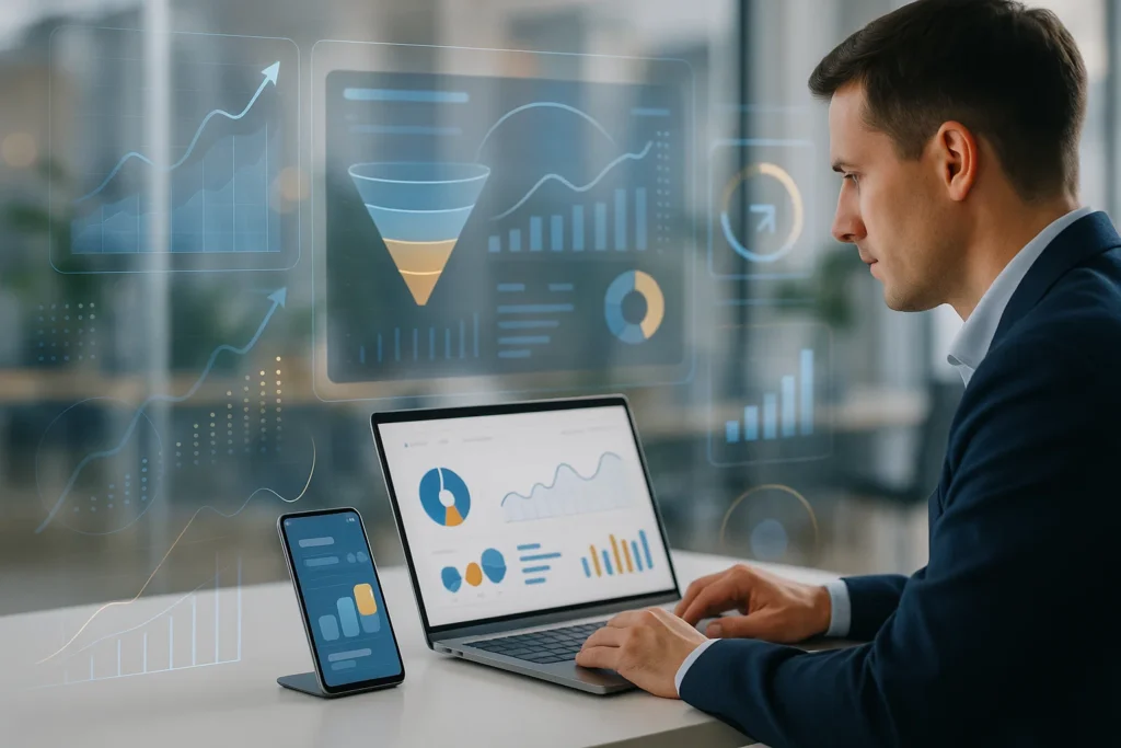 Business analytics professional analyzing marketing dashboards and performance metrics on multiple devices.