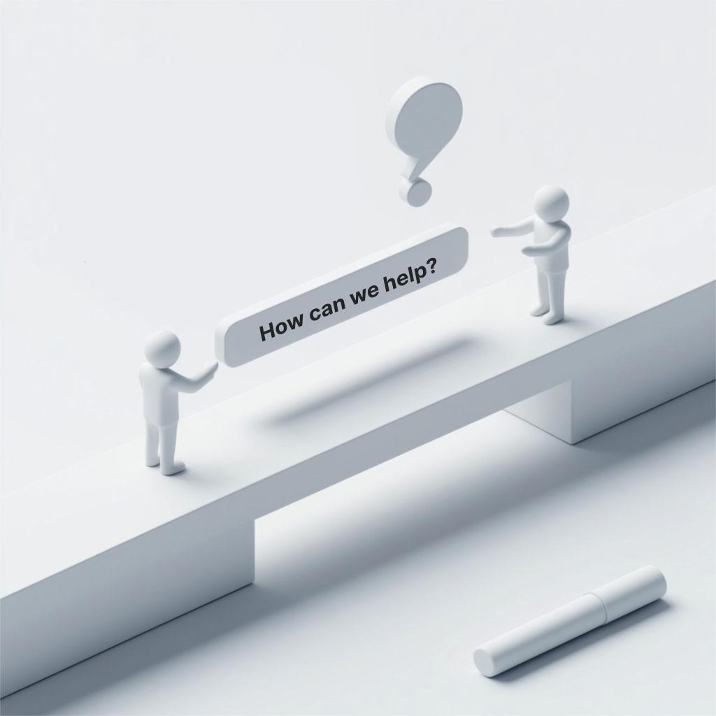 Visualization of communication with the agency: minimalistic figures and a search bar with the text "How can we help?“ in 3D style