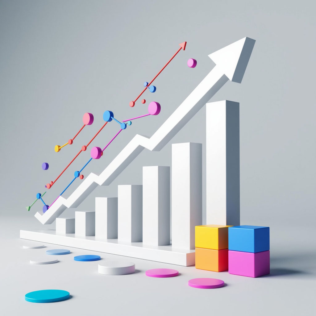 An image with 3D graphs and diagrams on a light background, which symbolize the growth of the site's position in search results and the effectiveness of SEO campaigns.