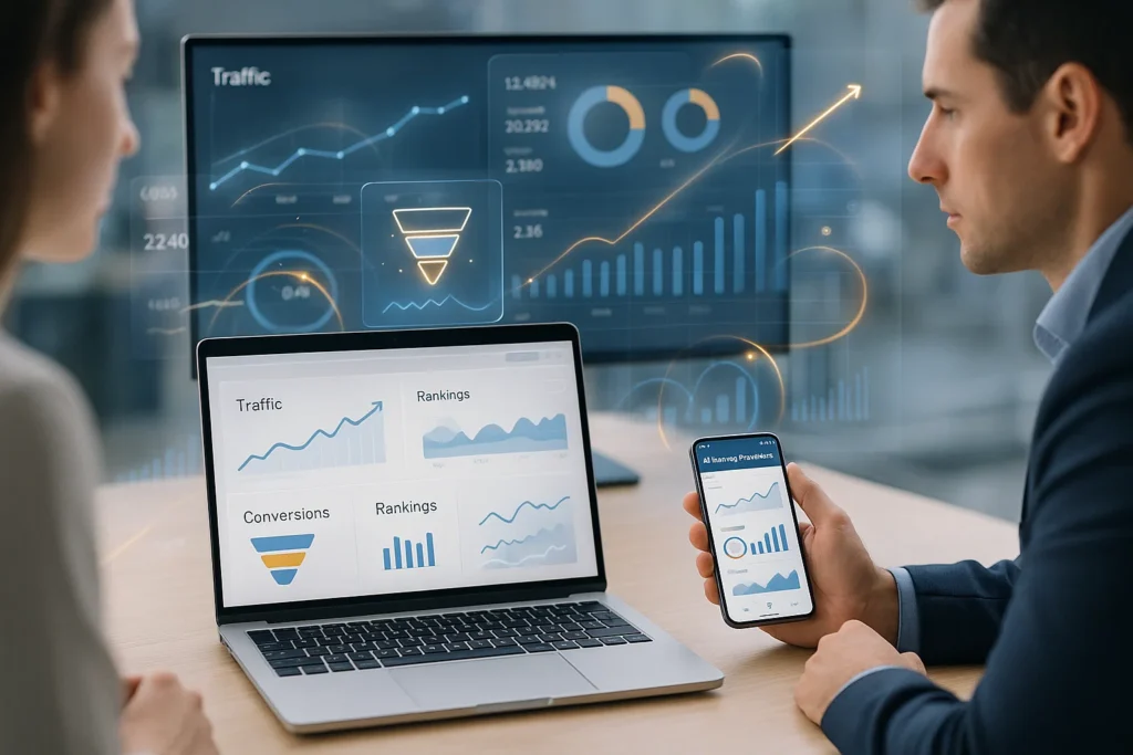 SEO traffic rankings conversion dashboard reviewed by a team assessing digital performance.